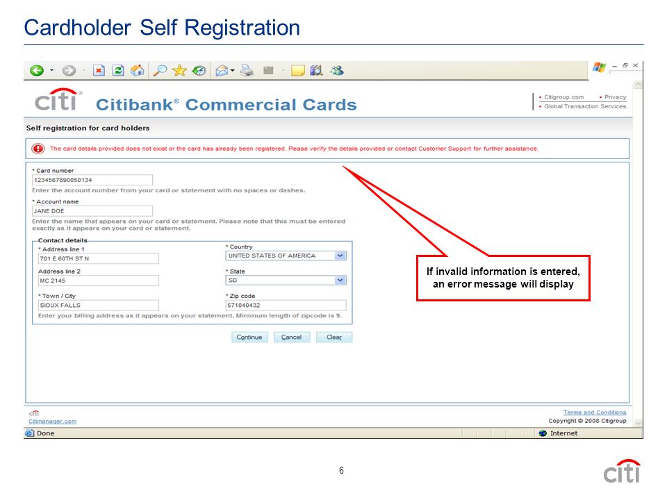6 Cardholder Self Registration If invalid information is entered, an error message will display