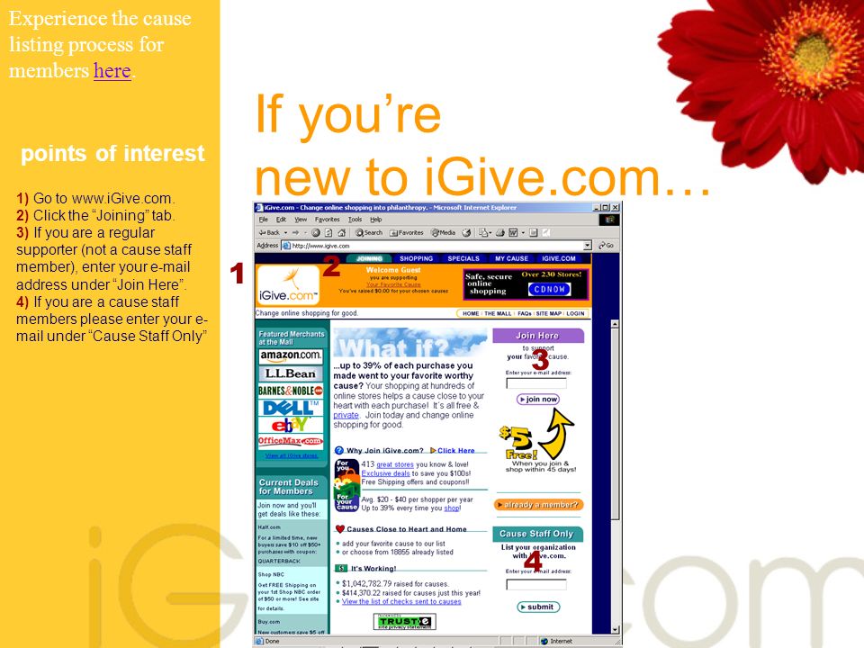 If you’re new to iGive.com… Experience the cause listing process for members here.here points of interest 1) Go to