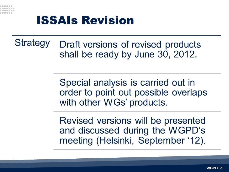 WGPD | 5 ISSAIs Revision Strategy Draft versions of revised products shall be ready by June 30, 2012.