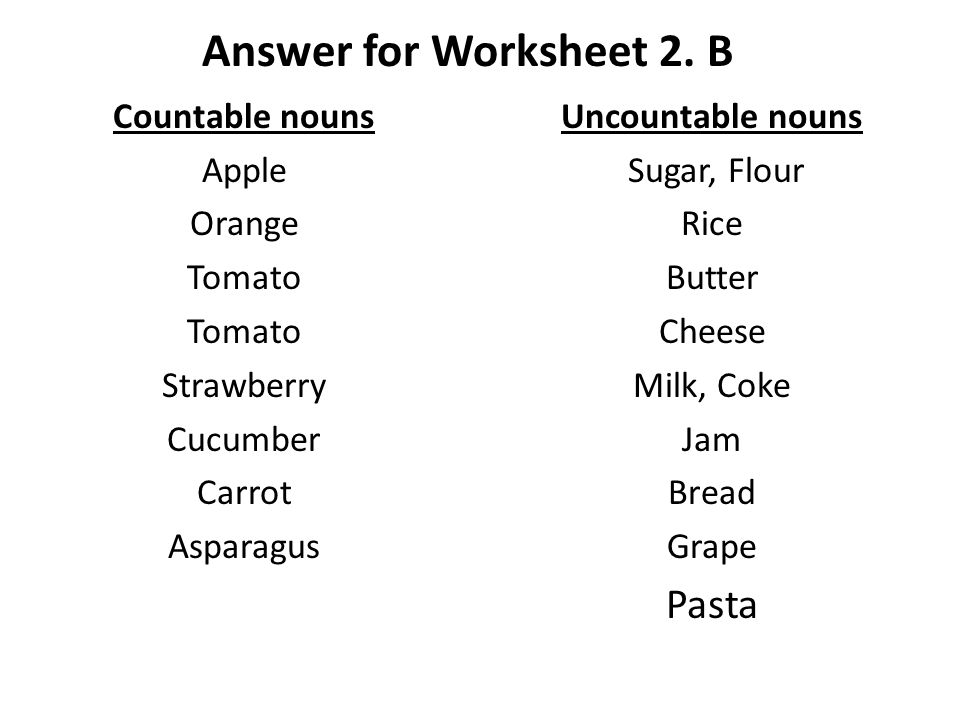 Countable nouns Apple Orange Tomato Strawberry Cucumber Carrot Asparagus Uncountable nouns Sugar, Flour Rice Butter Cheese Milk, Coke Jam Bread Grape Pasta Answer for Worksheet 2.