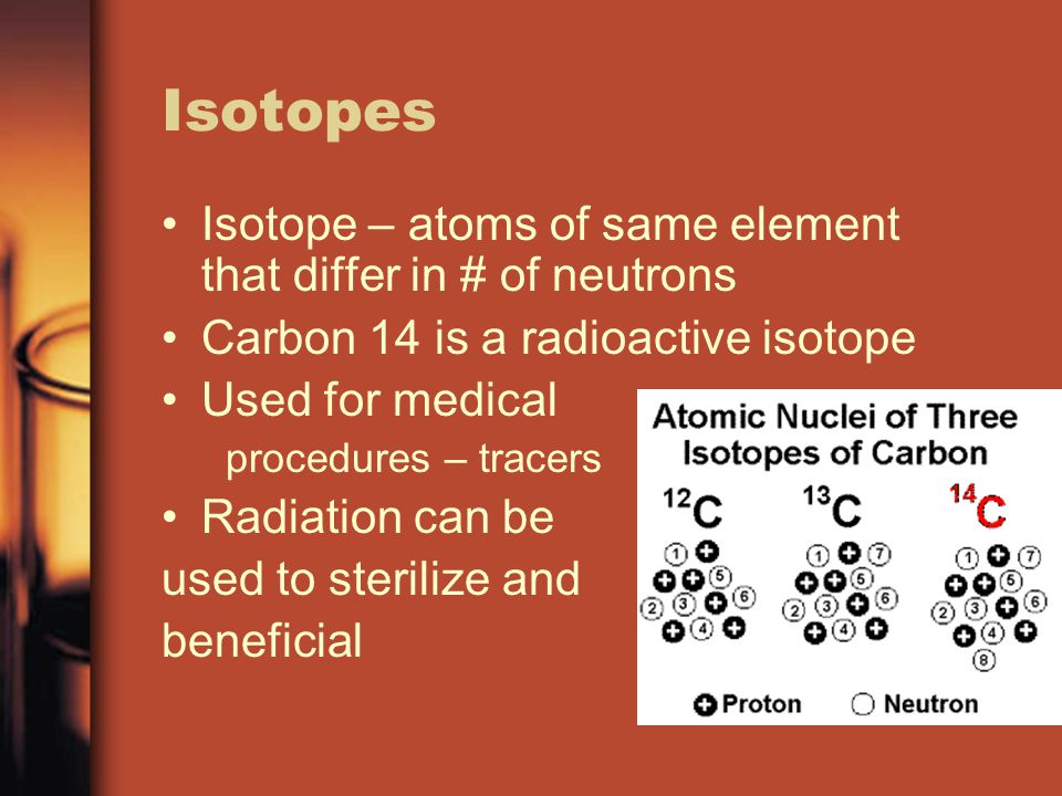Isotopes Isotope – atoms of same element that differ in # of neutrons Carbon 14 is a radioactive isotope Used for medical procedures – tracers Radiation can be used to sterilize and beneficial