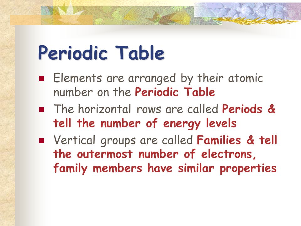 Periodic Table Elements are arranged by their atomic number on the Periodic Table The horizontal rows are called Periods & tell the number of energy levels Vertical groups are called Families & tell the outermost number of electrons, family members have similar properties
