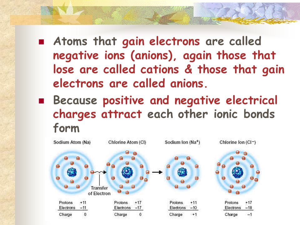 Atoms that gain electrons are called negative ions (anions), again those that lose are called cations & those that gain electrons are called anions.