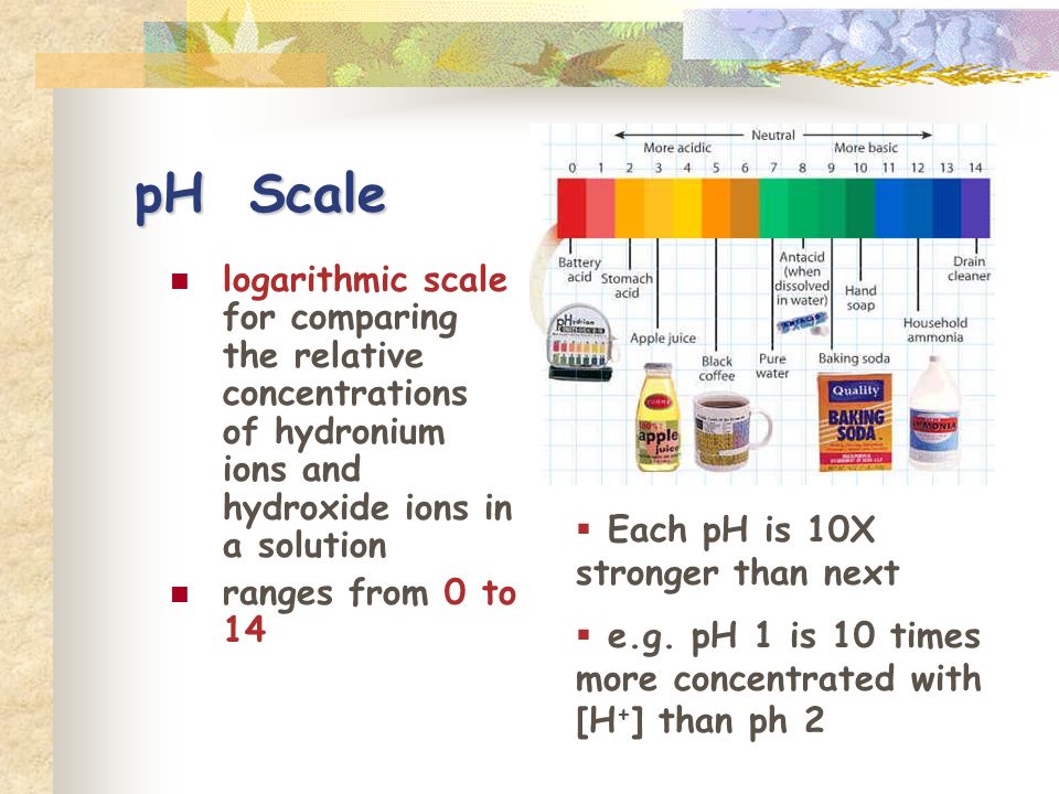 pH Scale logarithmic scale for comparing the relative concentrations of hydronium ions and hydroxide ions in a solution ranges from 0 to 14  Each pH is 10X stronger than next  e.g.