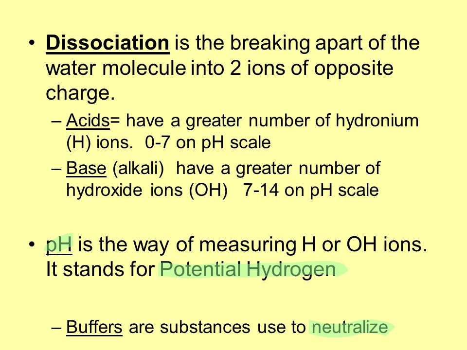Dissociation is the breaking apart of the water molecule into 2 ions of opposite charge.