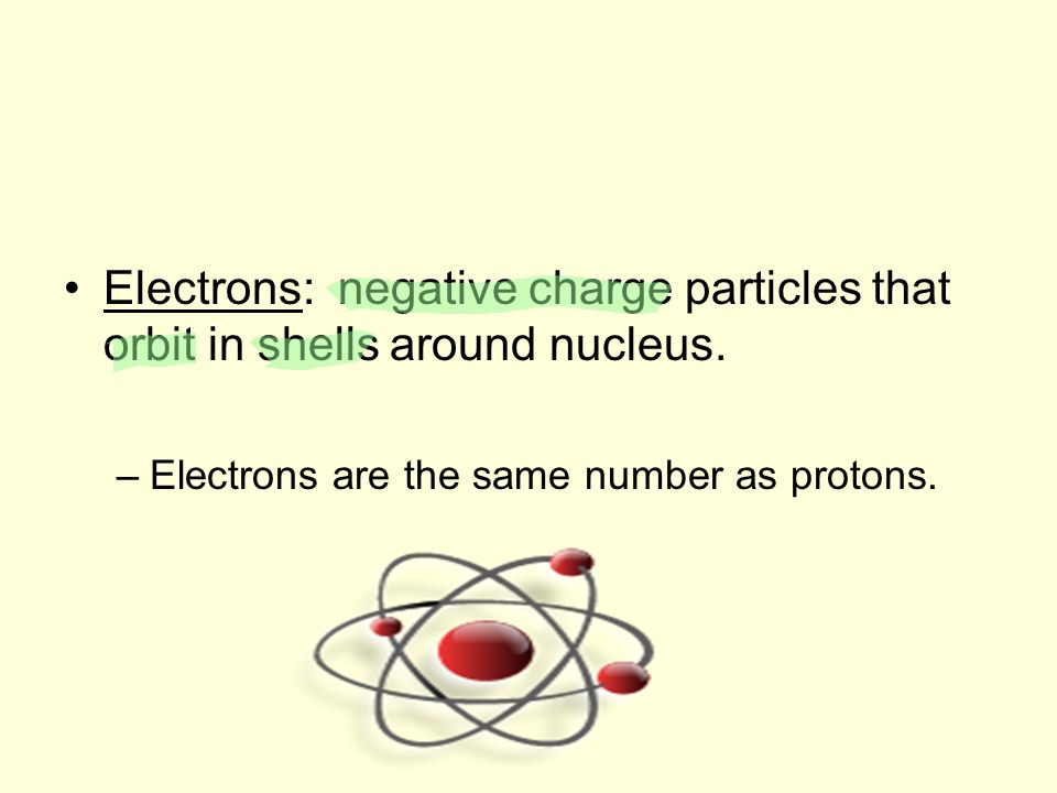 Electrons: negative charge particles that orbit in shells around nucleus.