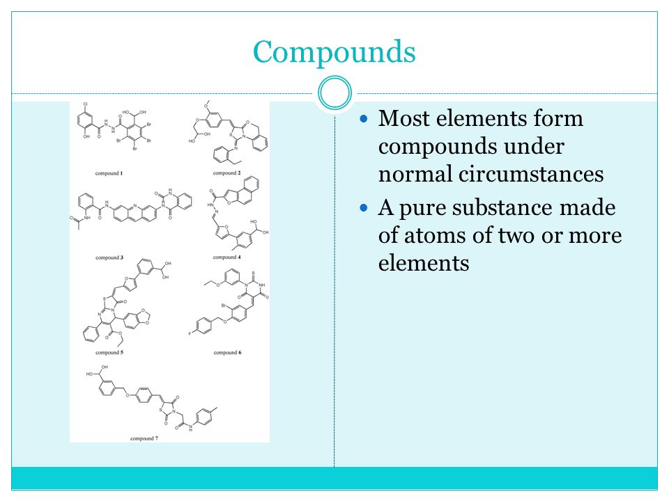 Compounds Most elements form compounds under normal circumstances A pure substance made of atoms of two or more elements