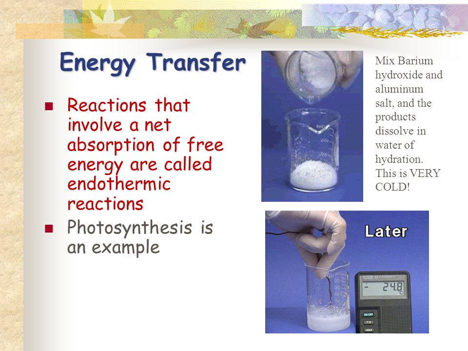 Reactions that involve a net absorption of free energy are called endothermic reactions Photosynthesis is an example Energy Transfer Mix Barium hydroxide and aluminum salt, and the products dissolve in water of hydration.
