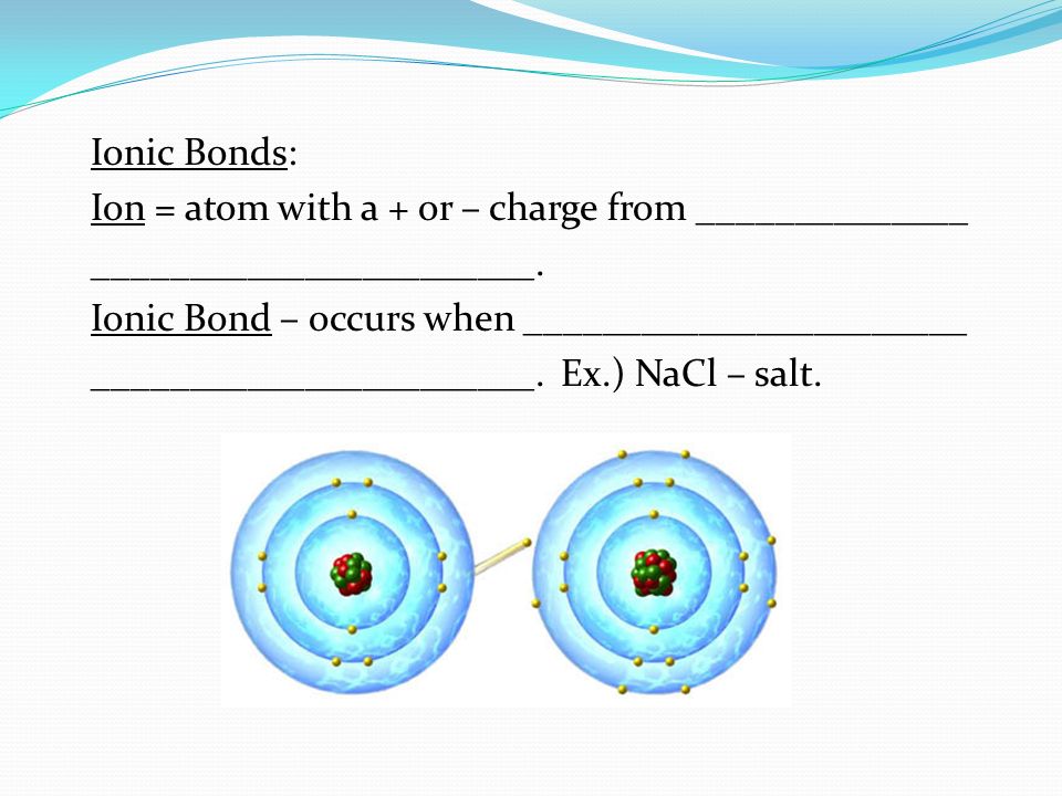 Ionic Bonds: Ion = atom with a + or – charge from ______________ _______________________.