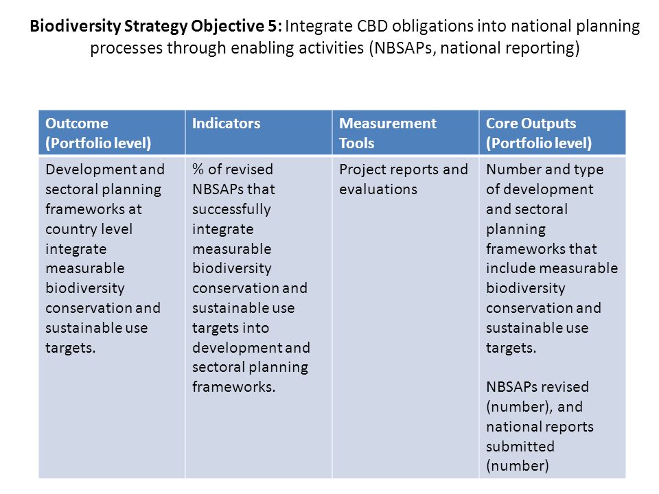 Biodiversity Strategy Objective 5: Integrate CBD obligations into national planning processes through enabling activities (NBSAPs, national reporting) Outcome (Portfolio level) IndicatorsMeasurement Tools Core Outputs (Portfolio level) Development and sectoral planning frameworks at country level integrate measurable biodiversity conservation and sustainable use targets.