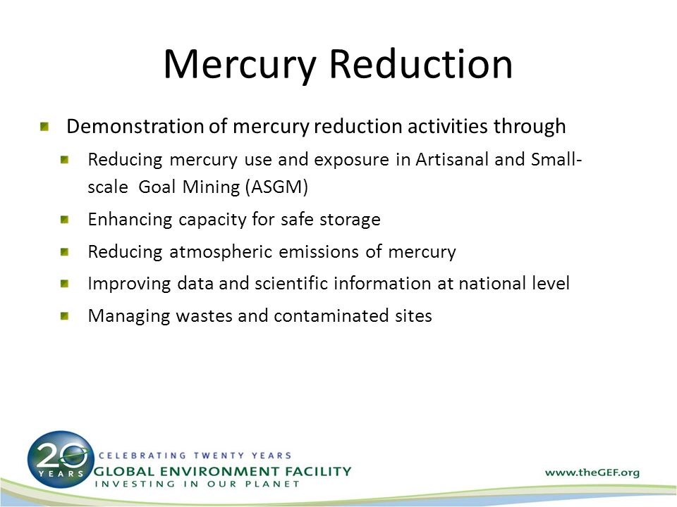 Mercury Reduction Demonstration of mercury reduction activities through Reducing mercury use and exposure in Artisanal and Small- scale Goal Mining (ASGM) Enhancing capacity for safe storage Reducing atmospheric emissions of mercury Improving data and scientific information at national level Managing wastes and contaminated sites 20