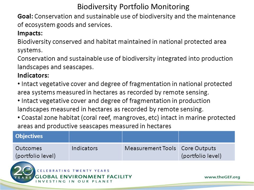 Biodiversity Portfolio Monitoring Objectives Outcomes (portfolio level) IndicatorsMeasurement ToolsCore Outputs (portfolio level) Goal: Conservation and sustainable use of biodiversity and the maintenance of ecosystem goods and services.