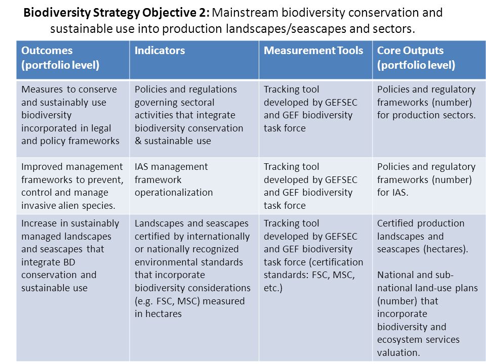 Outcomes (portfolio level) IndicatorsMeasurement ToolsCore Outputs (portfolio level) Measures to conserve and sustainably use biodiversity incorporated in legal and policy frameworks Policies and regulations governing sectoral activities that integrate biodiversity conservation & sustainable use Tracking tool developed by GEFSEC and GEF biodiversity task force Policies and regulatory frameworks (number) for production sectors.