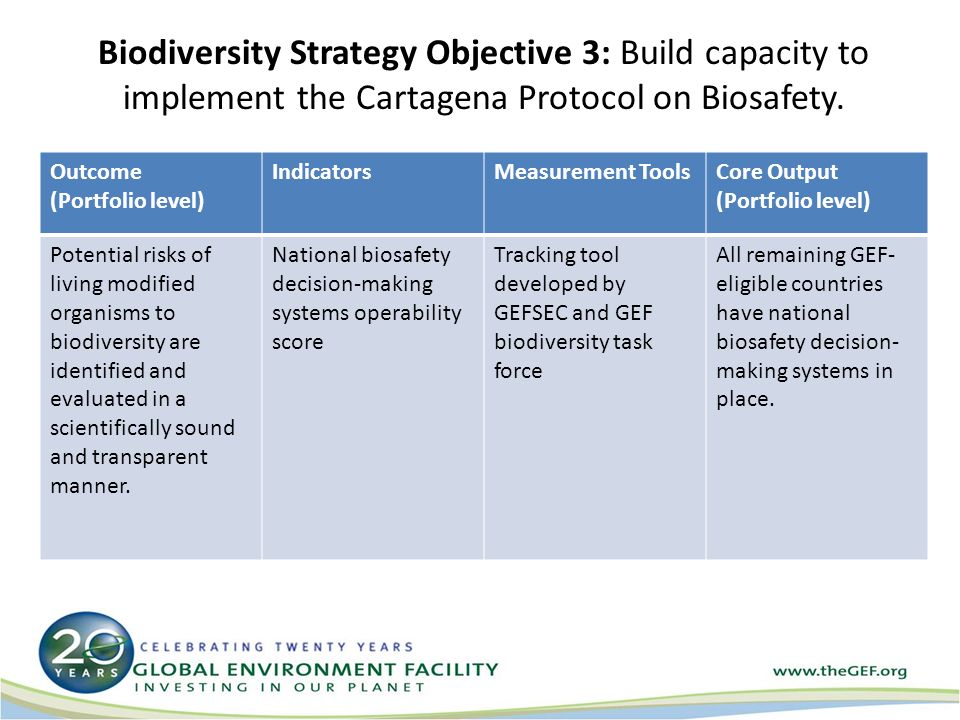 Biodiversity Strategy Objective 3: Build capacity to implement the Cartagena Protocol on Biosafety.