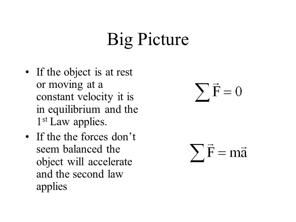 Big Picture If the object is at rest or moving at a constant velocity it is in equilibrium and the 1 st Law applies.