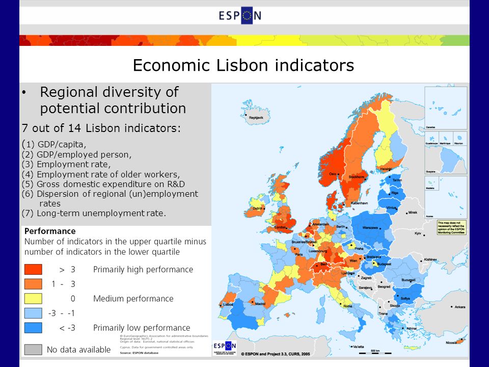 Economic Lisbon indicators Regional diversity of potential contribution 7 out of 14 Lisbon indicators: ( 1) GDP/capita, (2) GDP/employed person, (3) Employment rate, (4) Employment rate of older workers, (5) Gross domestic expenditure on R&D (6) Dispersion of regional (un)employment rates (7) Long-term unemployment rate.