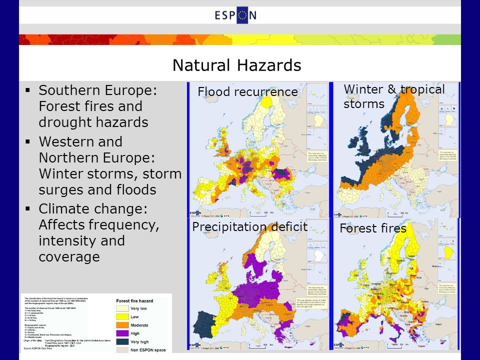 Flood recurrence Forest fires Winter & tropical storms Precipitation deficit Natural Hazards  Southern Europe: Forest fires and drought hazards  Western and Northern Europe: Winter storms, storm surges and floods  Climate change: Affects frequency, intensity and coverage