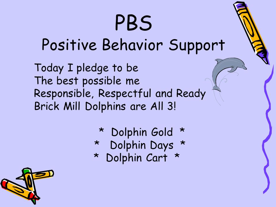 PBS Positive Behavior Support Today I pledge to be The best possible me Responsible, Respectful and Ready Brick Mill Dolphins are All 3.