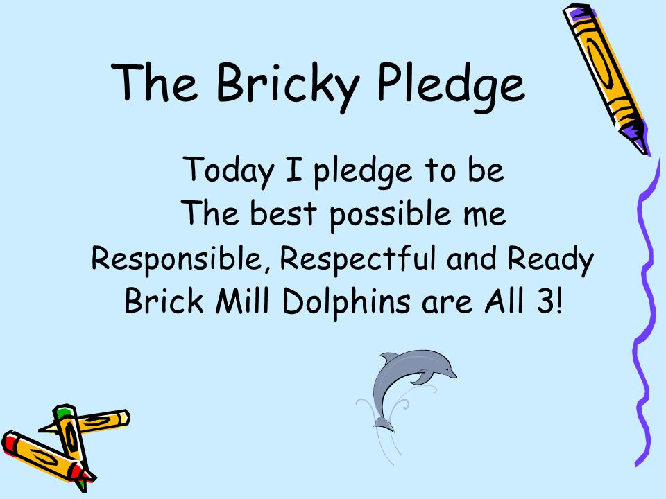 The Bricky Pledge Today I pledge to be The best possible me Responsible, Respectful and Ready Brick Mill Dolphins are All 3!
