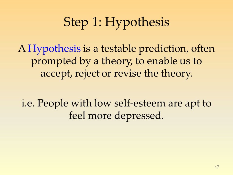 17 A Hypothesis is a testable prediction, often prompted by a theory, to enable us to accept, reject or revise the theory.