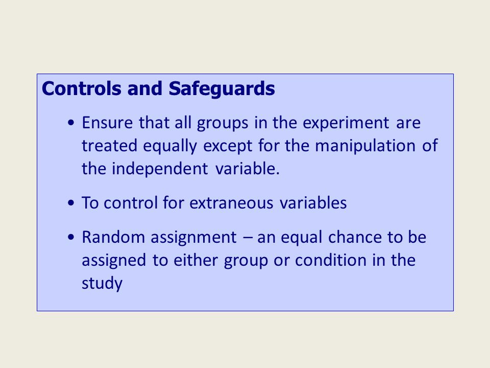 Controls and Safeguards Ensure that all groups in the experiment are treated equally except for the manipulation of the independent variable.