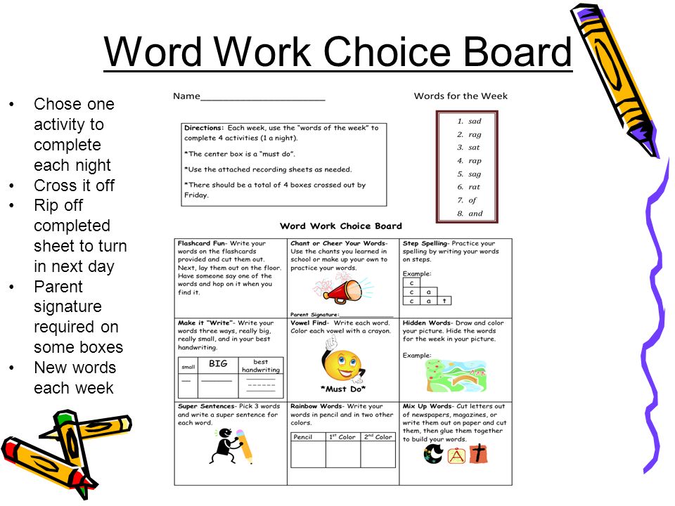 Word Work Choice Board Chose one activity to complete each night Cross it off Rip off completed sheet to turn in next day Parent signature required on some boxes New words each week