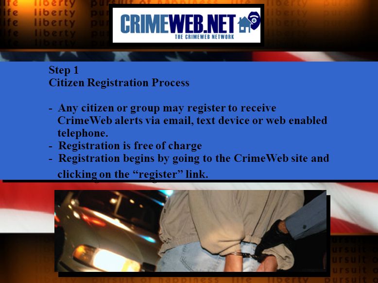 Step 1 Citizen Registration Process - Any citizen or group may register to receive CrimeWeb alerts via  , text device or web enabled telephone.