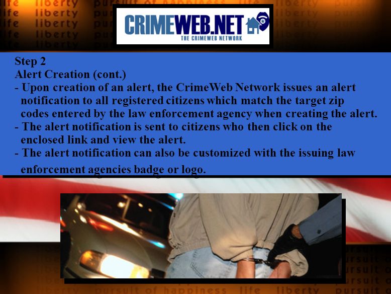 Step 2 Alert Creation (cont.) - Upon creation of an alert, the CrimeWeb Network issues an alert notification to all registered citizens which match the target zip codes entered by the law enforcement agency when creating the alert.