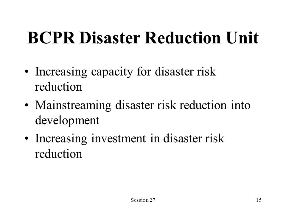 BCPR Disaster Reduction Unit Increasing capacity for disaster risk reduction Mainstreaming disaster risk reduction into development Increasing investment in disaster risk reduction Session 2715