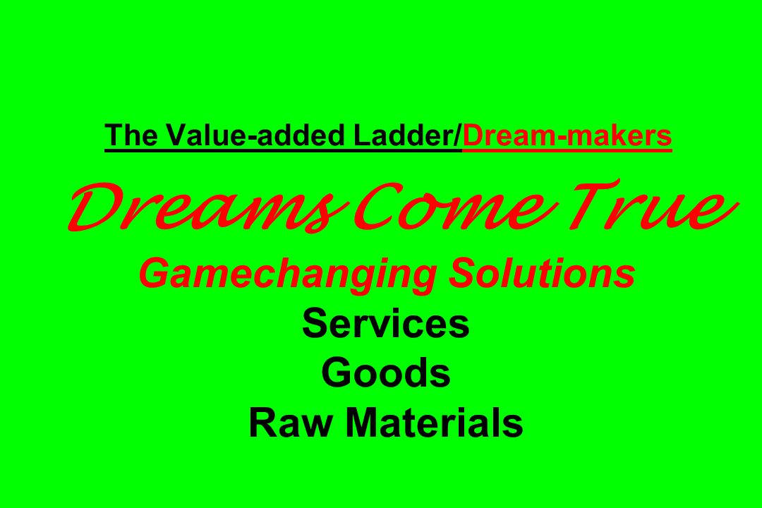 The Value-added Ladder/Dream-makers Dreams Come True Gamechanging Solutions Services Goods Raw Materials