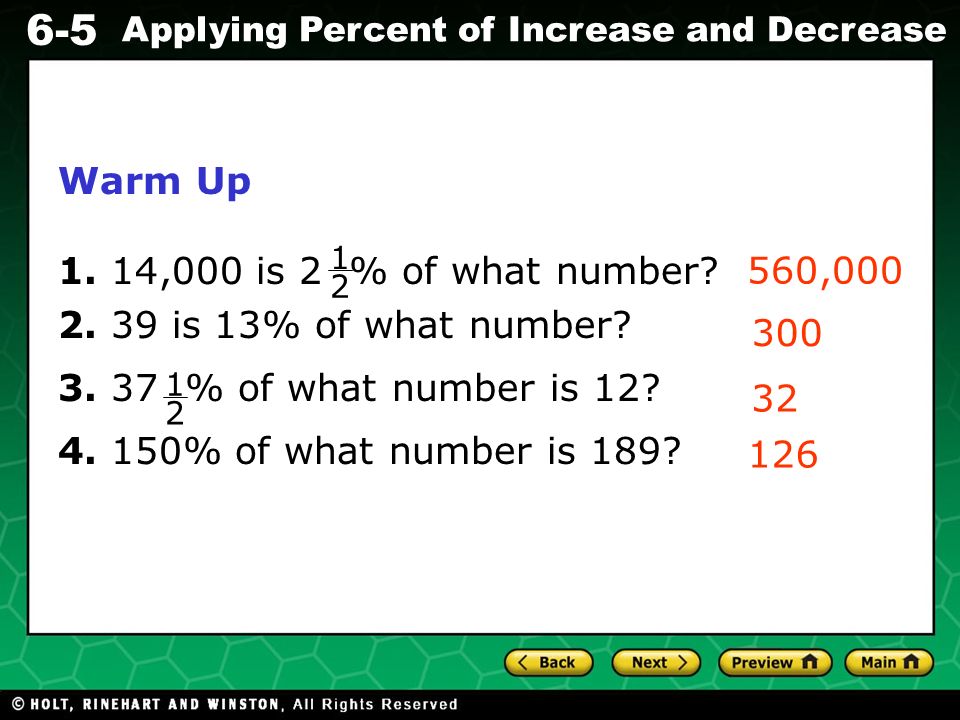 Evaluating Algebraic Expressions 6-5 Applying Percent of Increase and Decrease Warm Up 1.