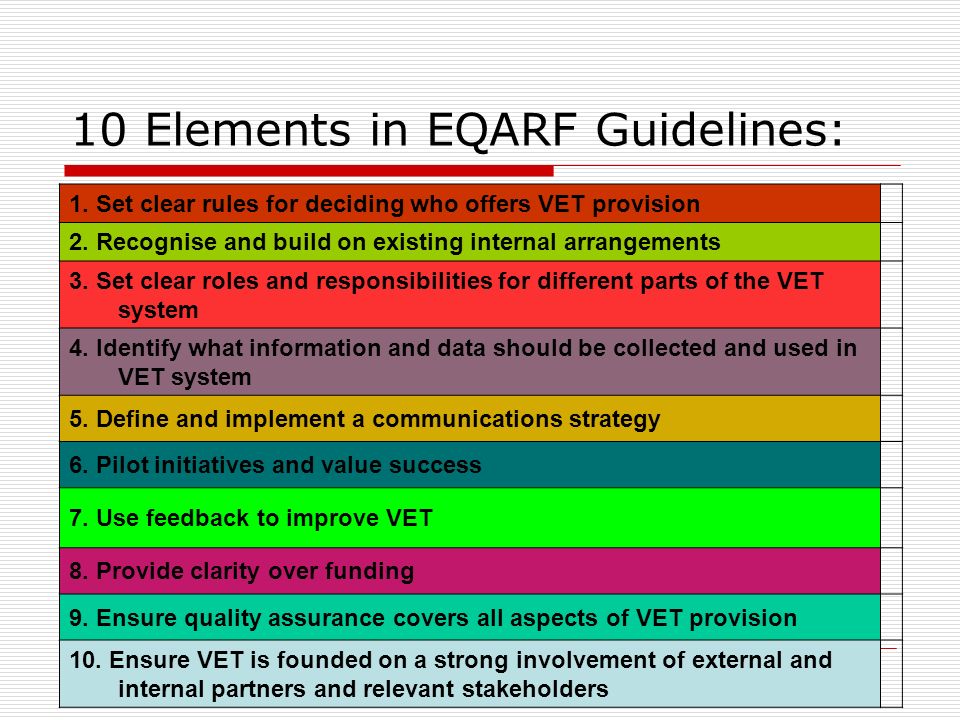 10 Elements in EQARF Guidelines: 1. Set clear rules for deciding who offers VET provision 2.