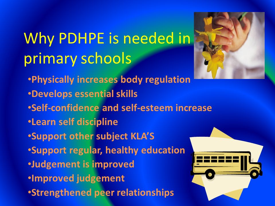 Why PDHPE is needed in primary schools Physically increases body regulation Develops essential skills Self-confidence and self-esteem increase Learn self discipline Support other subject KLA’S Support regular, healthy education Judgement is improved Improved judgement Strengthened peer relationships