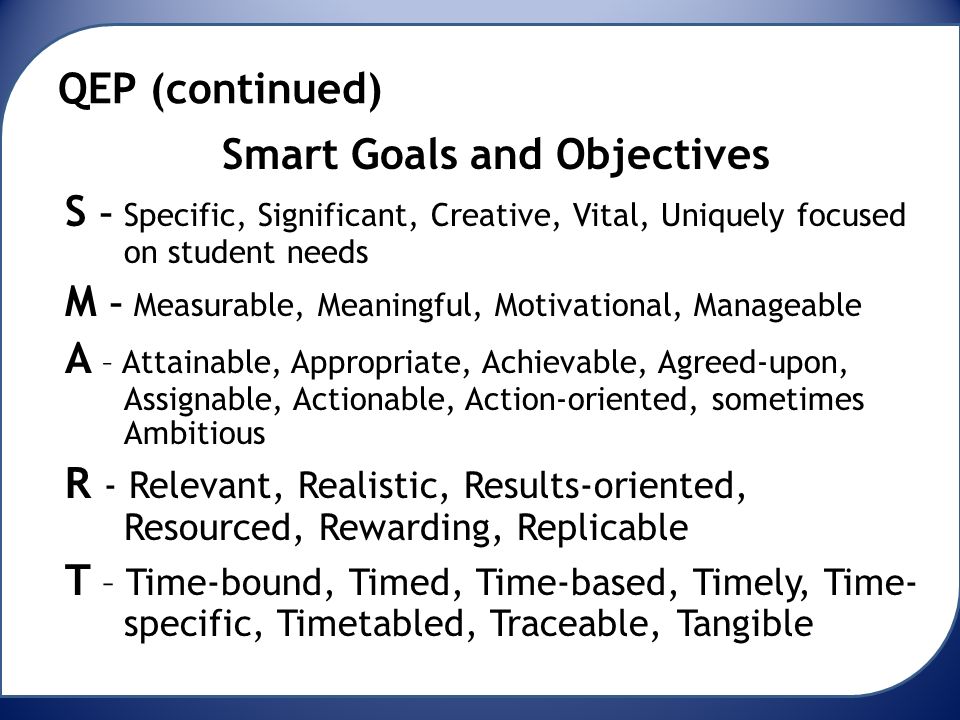 QEP (continued) Smart Goals and Objectives S – Specific, Significant, Creative, Vital, Uniquely focused on student needs M – Measurable, Meaningful, Motivational, Manageable A – Attainable, Appropriate, Achievable, Agreed-upon, Assignable, Actionable, Action-oriented, sometimes Ambitious R - Relevant, Realistic, Results-oriented, Resourced, Rewarding, Replicable T – Time-bound, Timed, Time-based, Timely, Time- specific, Timetabled, Traceable, Tangible