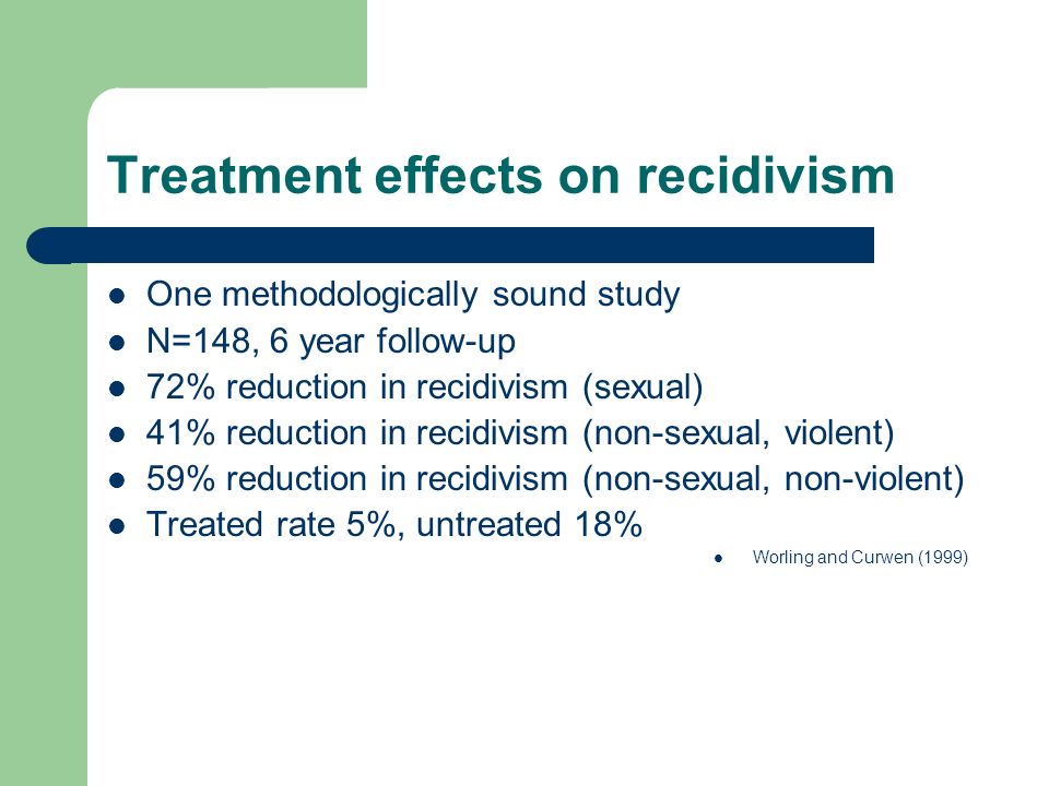 Treatment effects on recidivism One methodologically sound study N=148, 6 year follow-up 72% reduction in recidivism (sexual) 41% reduction in recidivism (non-sexual, violent) 59% reduction in recidivism (non-sexual, non-violent) Treated rate 5%, untreated 18% Worling and Curwen (1999)
