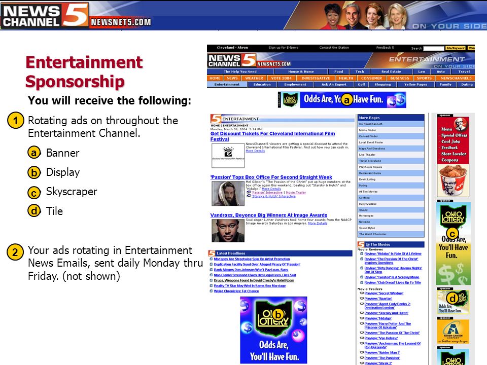 You will receive the following: Rotating ads on throughout the Entertainment Channel.