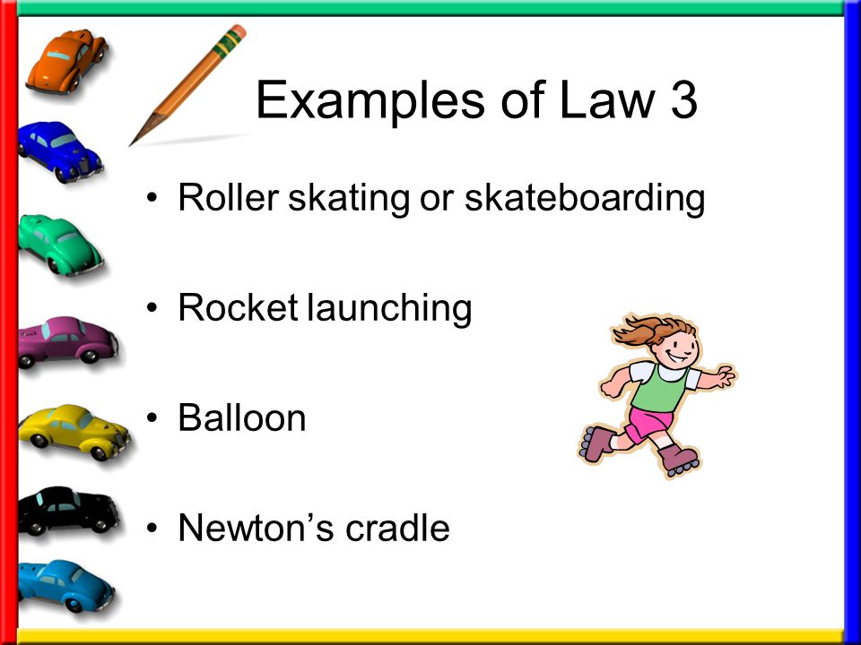Examples of Law 3 Roller skating or skateboarding Rocket launching Balloon Newton’s cradle