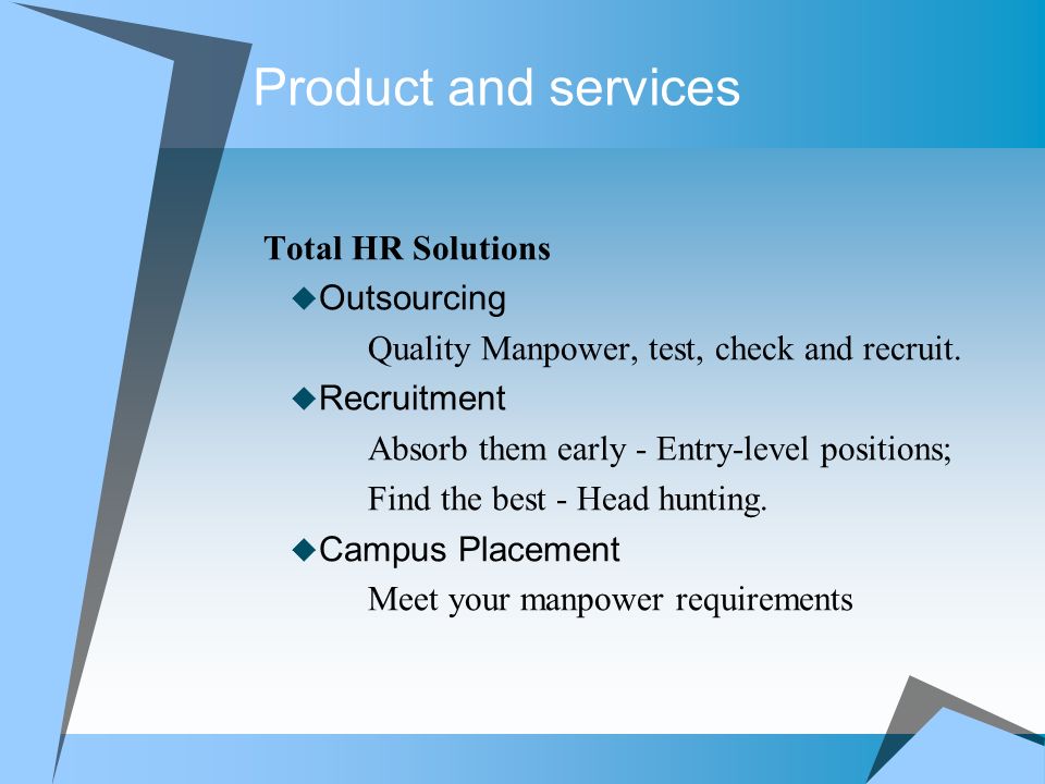 Product and services Total HR Solutions  Outsourcing Quality Manpower, test, check and recruit.