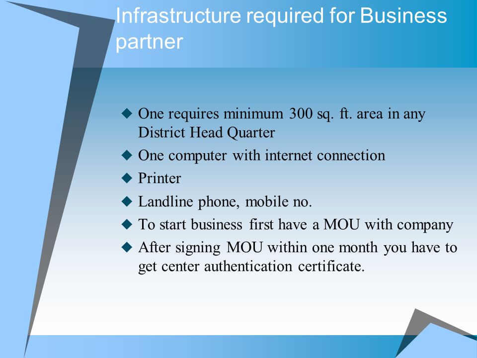 Infrastructure required for Business partner  One requires minimum 300 sq.