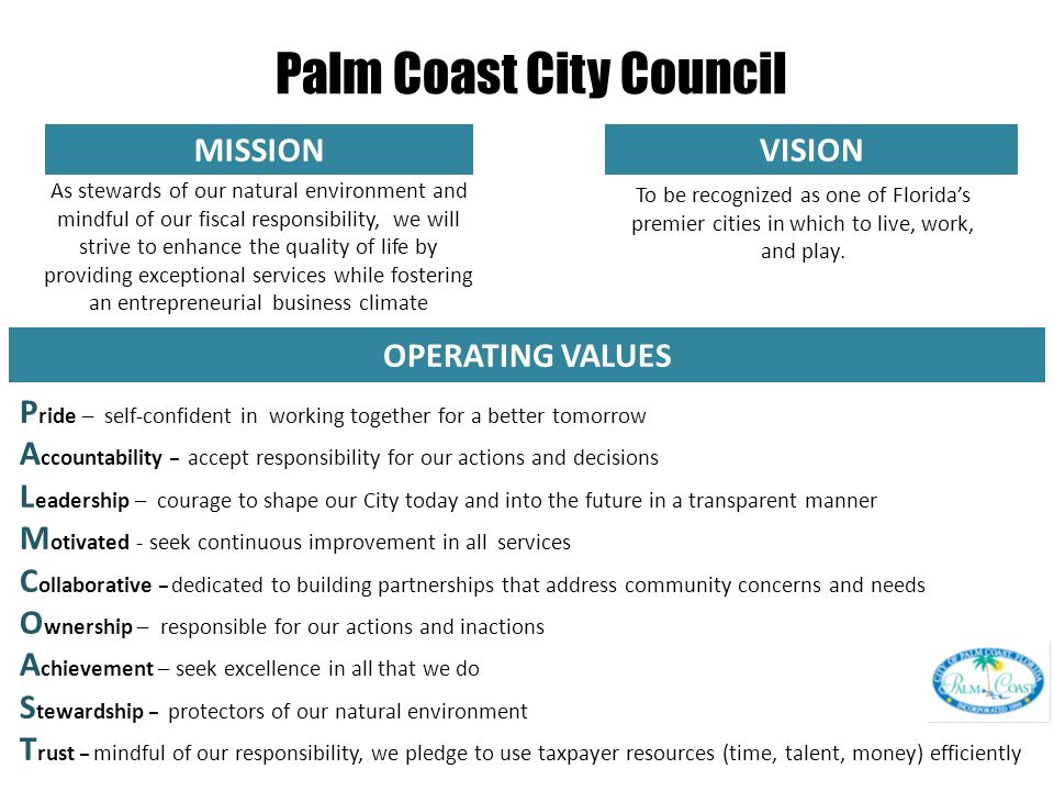 MISSIONVISION OPERATING VALUES To be recognized as one of Florida’s premier cities in which to live, work, and play.
