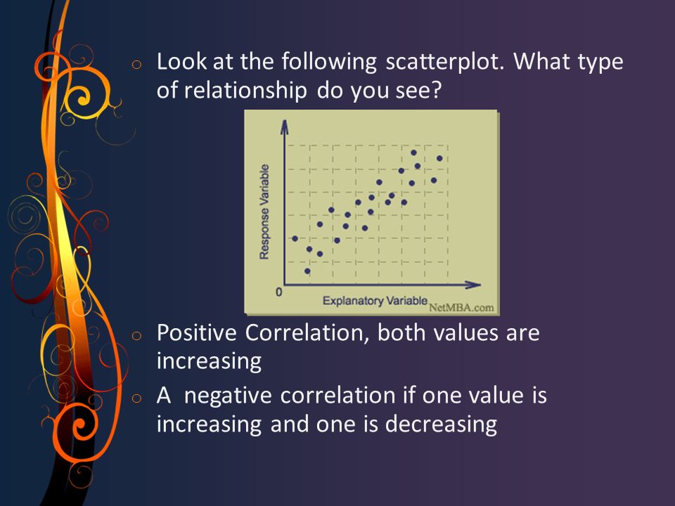 o Look at the following scatterplot. What type of relationship do you see.