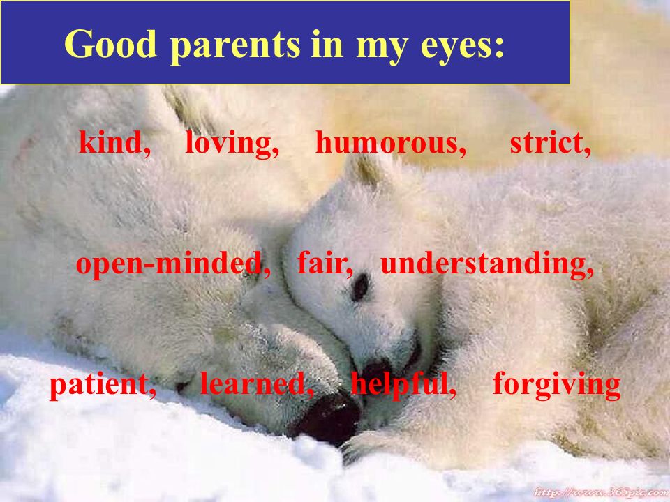 Good parents in my eyes: kind, loving, humorous, strict, open-minded, fair, understanding, patient, learned, helpful, forgiving