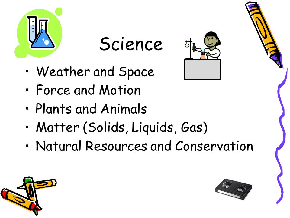 Science Weather and Space Force and Motion Plants and Animals Matter (Solids, Liquids, Gas) Natural Resources and Conservation