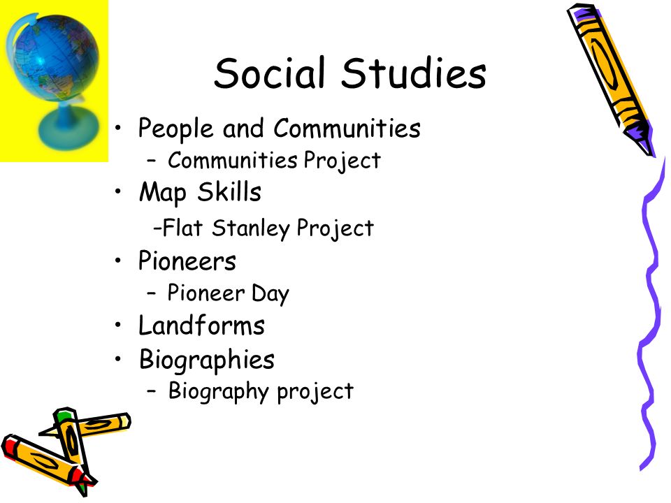 Social Studies People and Communities –Communities Project Map Skills - Flat Stanley Project Pioneers –Pioneer Day Landforms Biographies –Biography project
