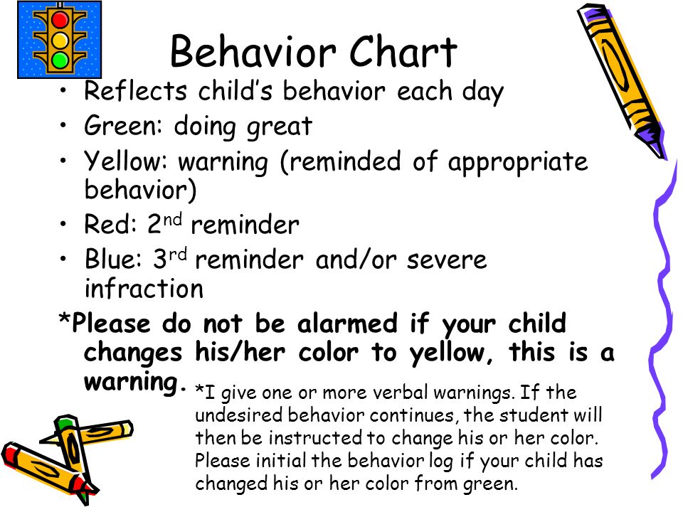 Behavior Chart Reflects child’s behavior each day Green: doing great Yellow: warning (reminded of appropriate behavior) Red: 2 nd reminder Blue: 3 rd reminder and/or severe infraction *Please do not be alarmed if your child changes his/her color to yellow, this is a warning.