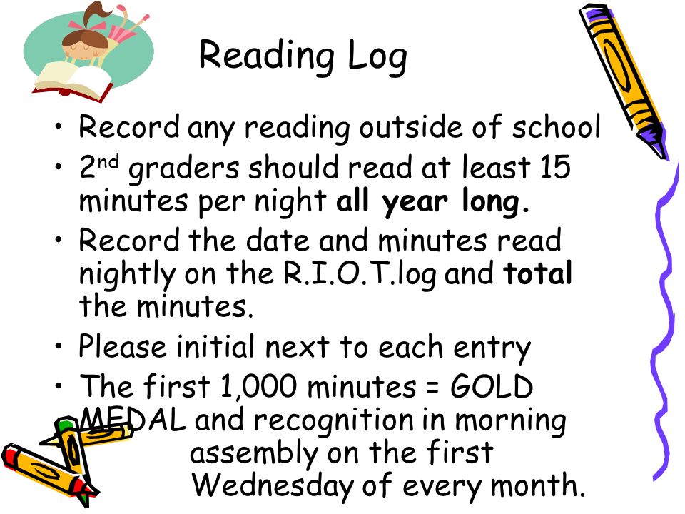 Reading Log Record any reading outside of school 2 nd graders should read at least 15 minutes per night all year long.