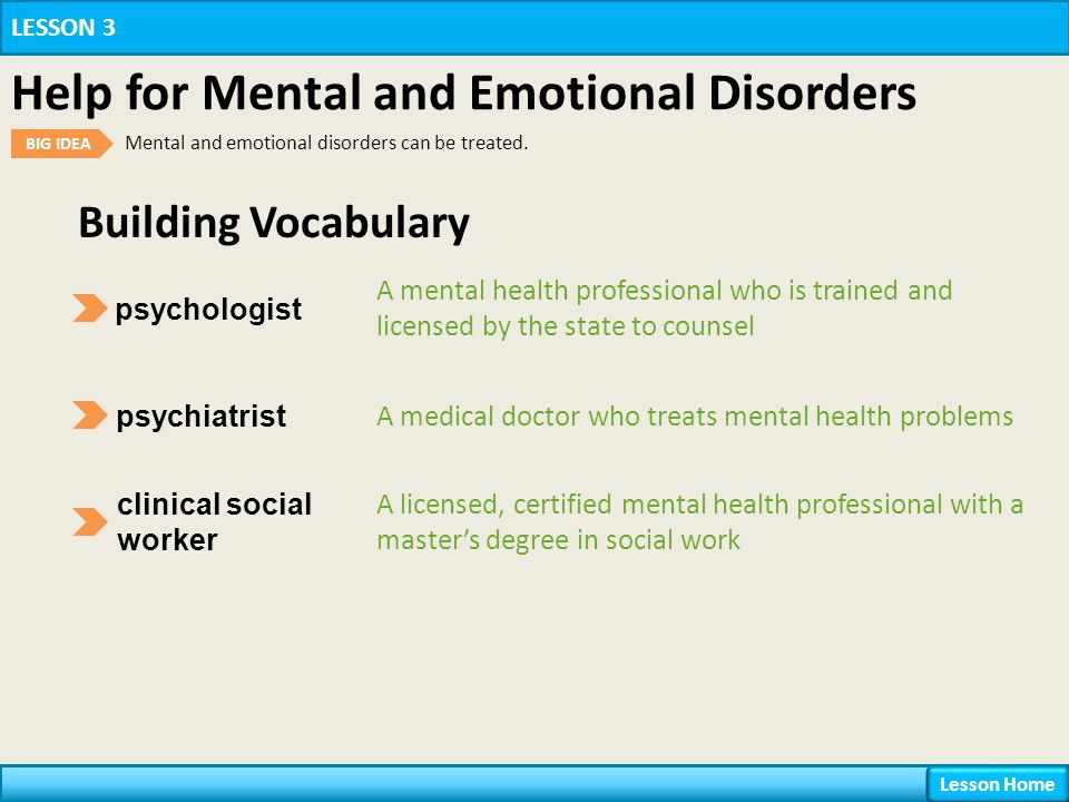Building Vocabulary psychologist A mental health professional who is trained and licensed by the state to counsel psychiatrist A medical doctor who treats mental health problems clinical social worker A licensed, certified mental health professional with a master’s degree in social work LESSON 3 Help for Mental and Emotional Disorders BIG IDEA Mental and emotional disorders can be treated.