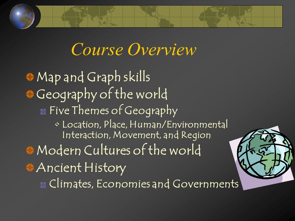 Course Overview Map and Graph skills Geography of the world Five Themes of Geography Location, Place, Human/Environmental Interaction, Movement, and Region Modern Cultures of the world Ancient History Climates, Economies and Governments