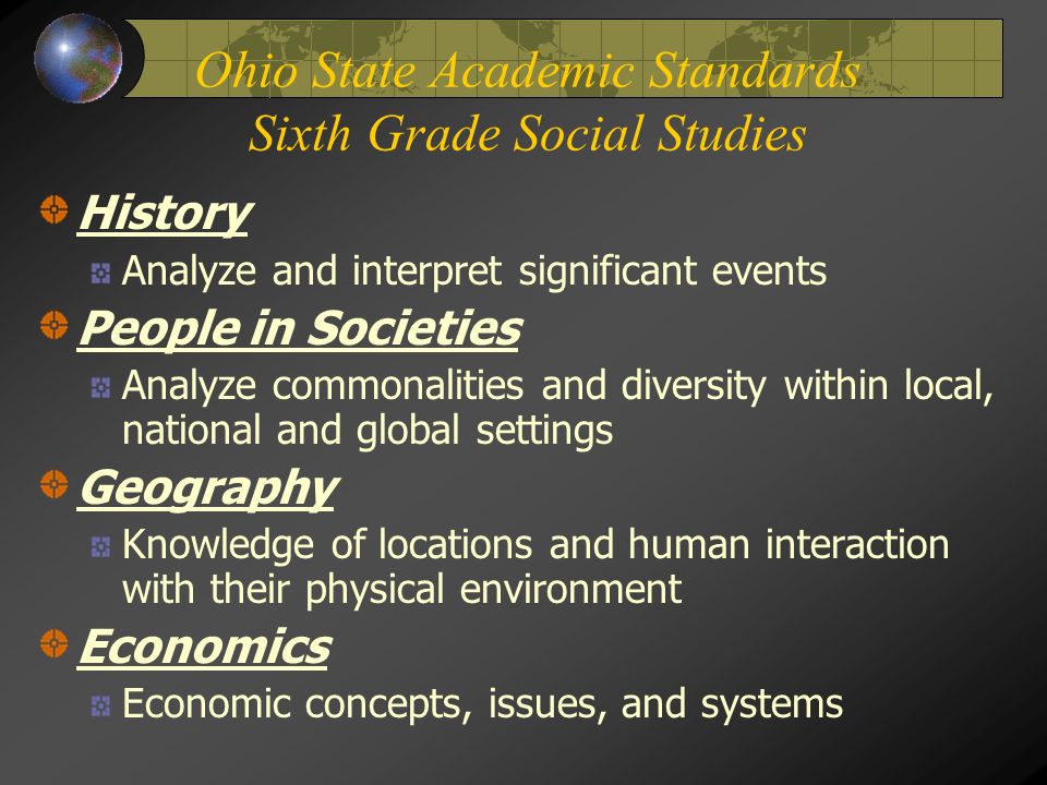 Ohio State Academic Standards Sixth Grade Social Studies History Analyze and interpret significant events People in Societies Analyze commonalities and diversity within local, national and global settings Geography Knowledge of locations and human interaction with their physical environment Economics Economic concepts, issues, and systems
