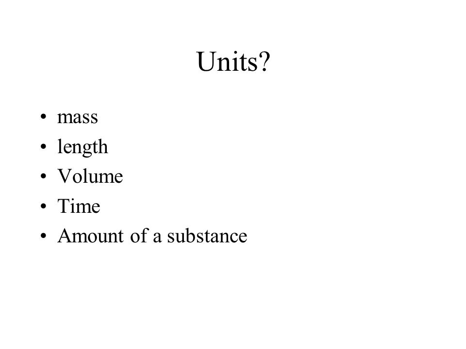 Units mass length Volume Time Amount of a substance